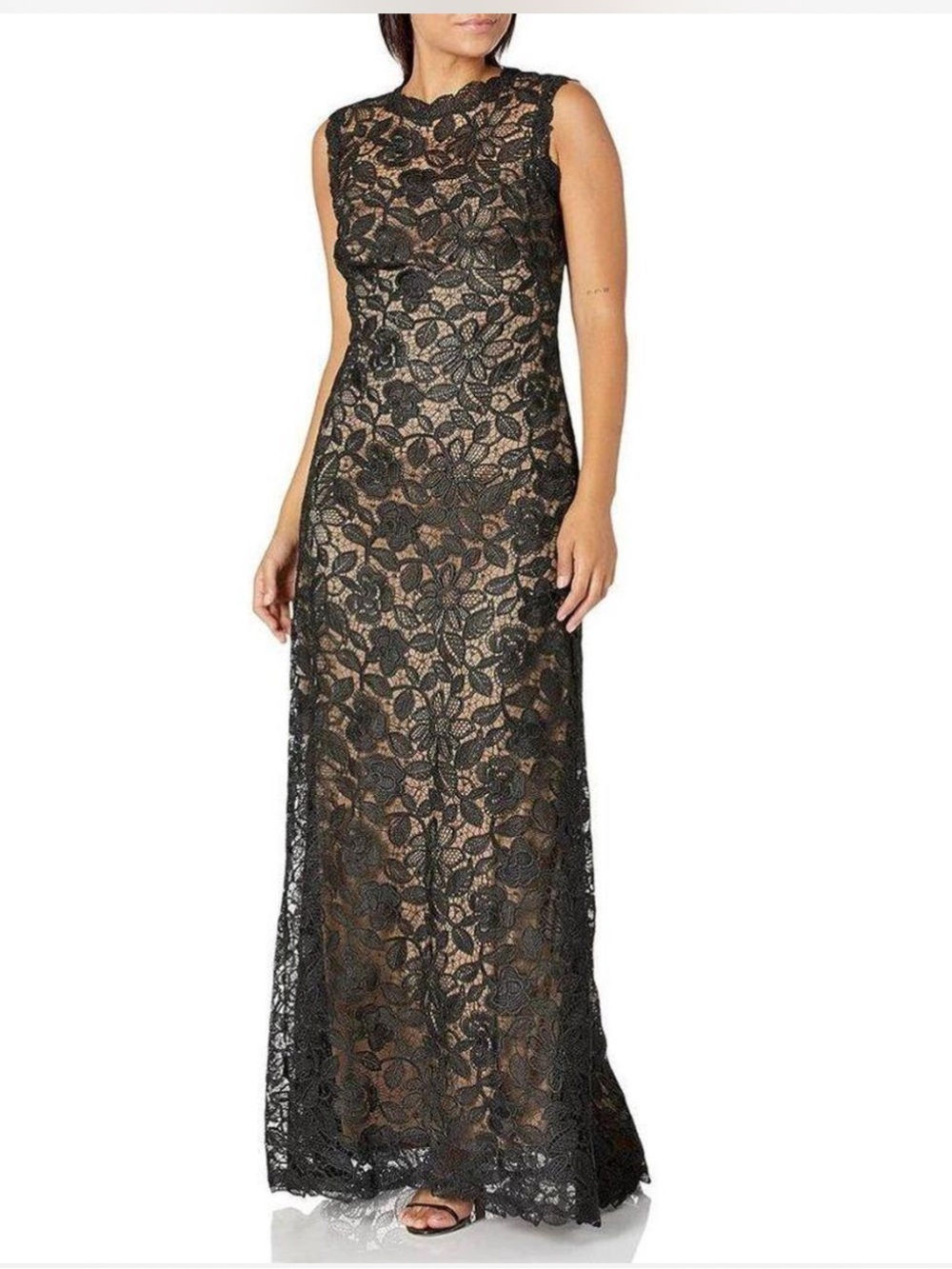 Tadashi Shoji Black Lace Maxi Dress with Nude Underlay size 00